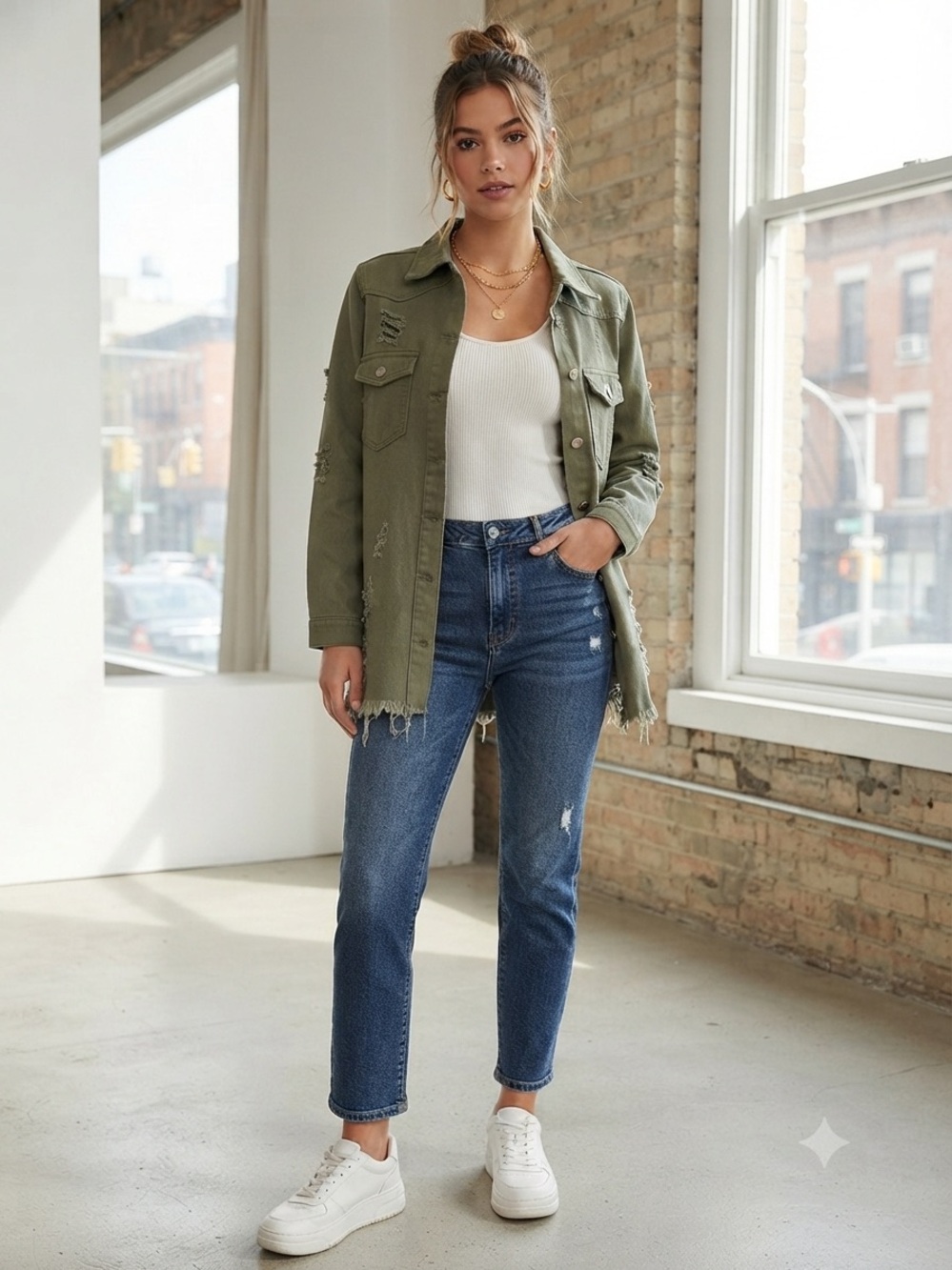 Women's Olive Green Distressed Utility Jacket – Casual Boyfriend Fit